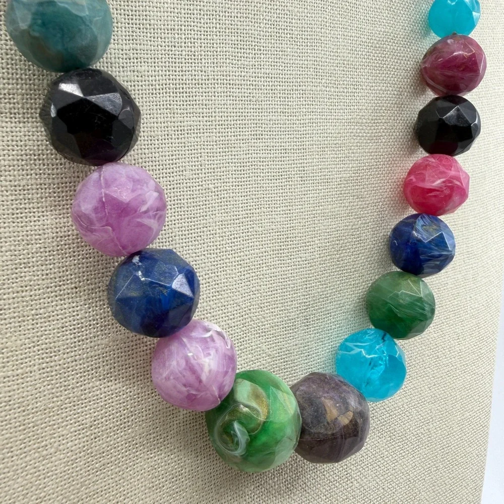 Multicolor Faceted Marbled Bead Long Necklace Chunky Boho Statement Jewelry